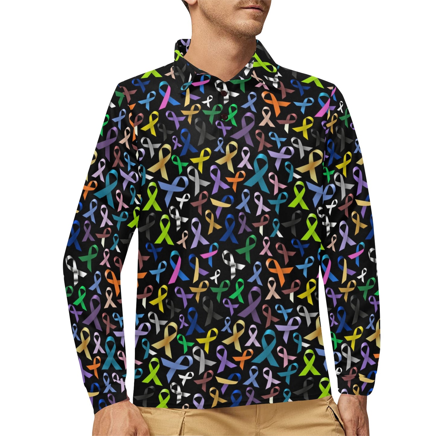 Breast Cancer Awareness Colorful Print Long Sleeve Polo Shirt For Men's