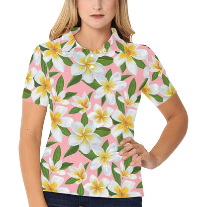 White Plumeria Pattern Print Design PM011 Women's Polo Shirt