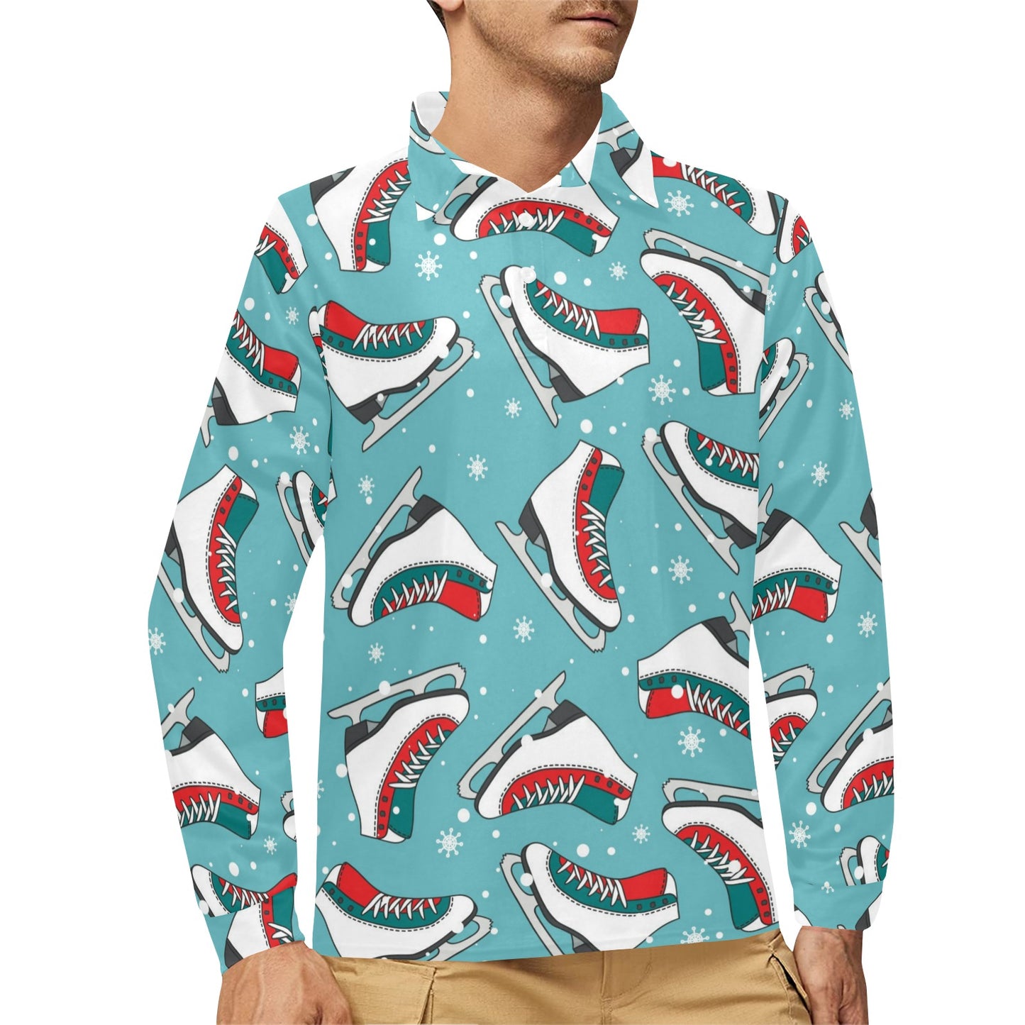 Ice Skate Pattern Print Design 03 Long Sleeve Polo Shirt For Men's