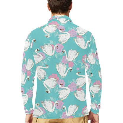 Swan Pattern Print Design 03 Long Sleeve Polo Shirt For Men's