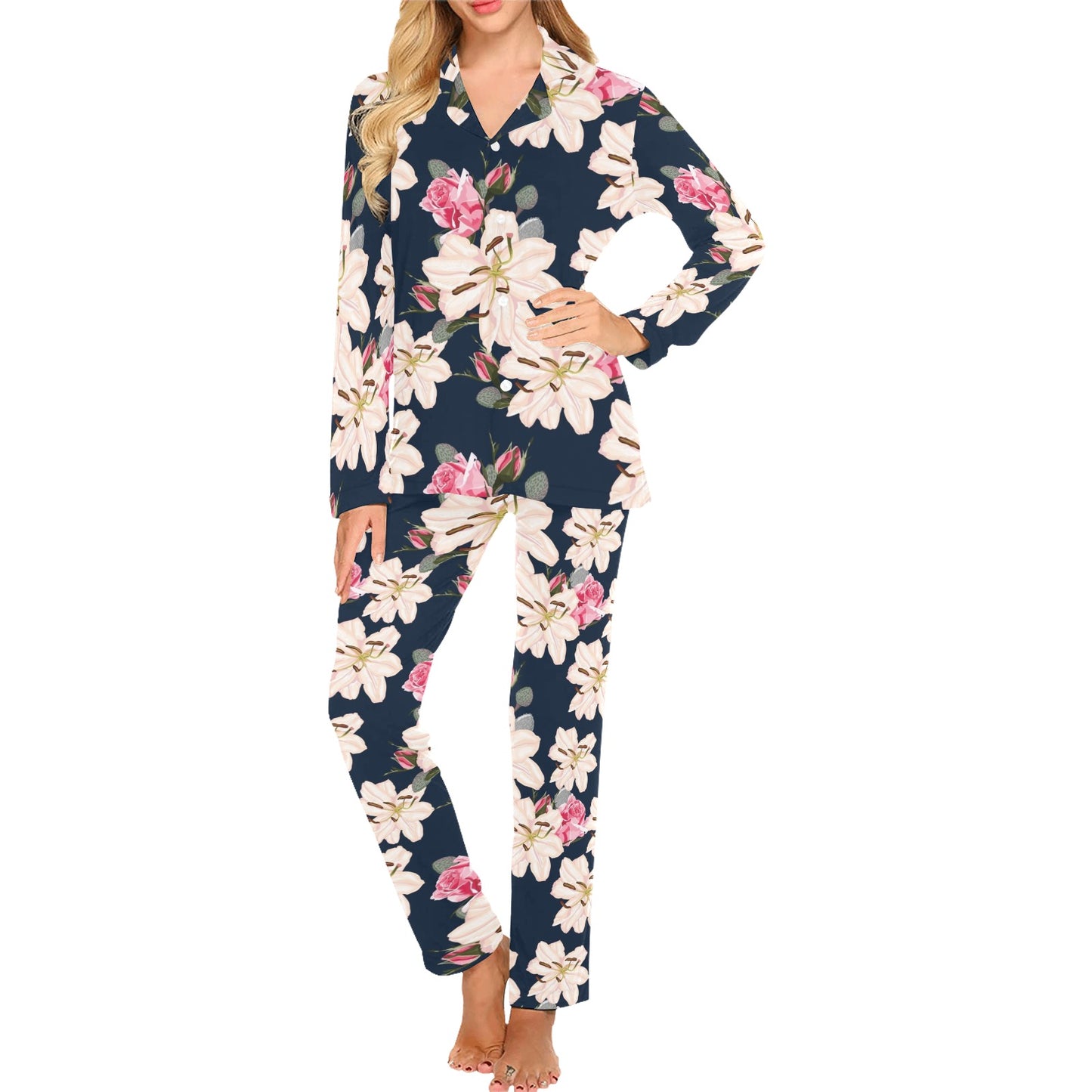 Lily Pattern Print Design LY04 Women's Long Pajama Set