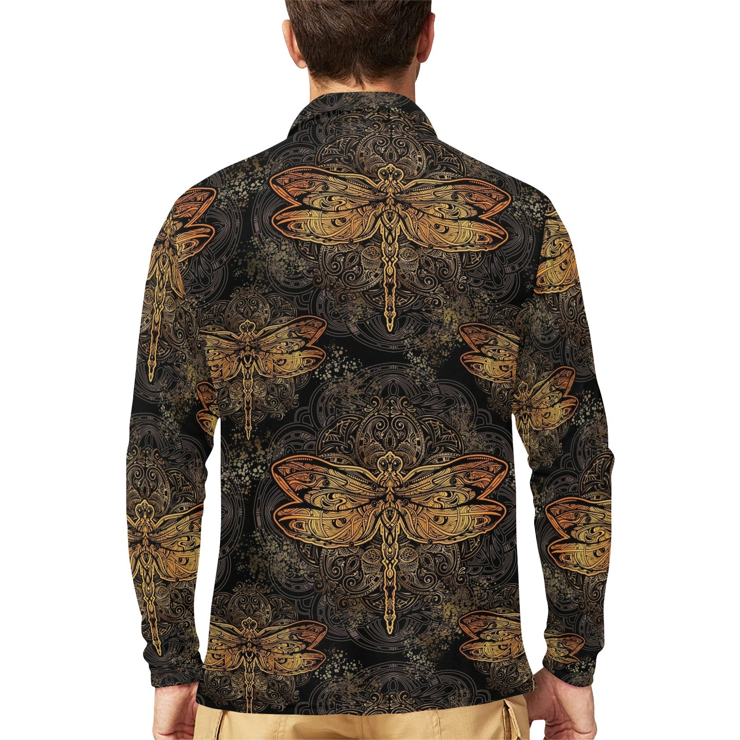 Gold Dragonfly Mandala Long Sleeve Polo Shirt For Men's