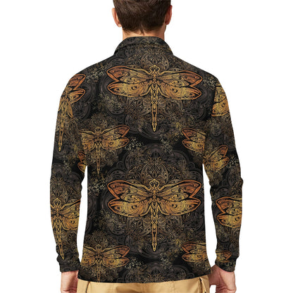 Gold Dragonfly Mandala Long Sleeve Polo Shirt For Men's