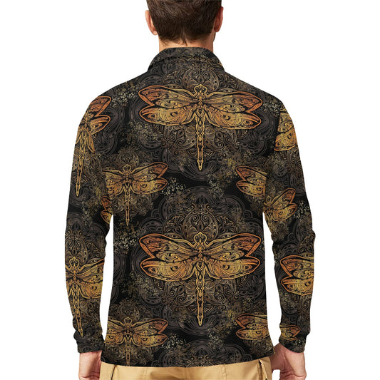 Gold Dragonfly Mandala Long Sleeve Polo Shirt For Men's