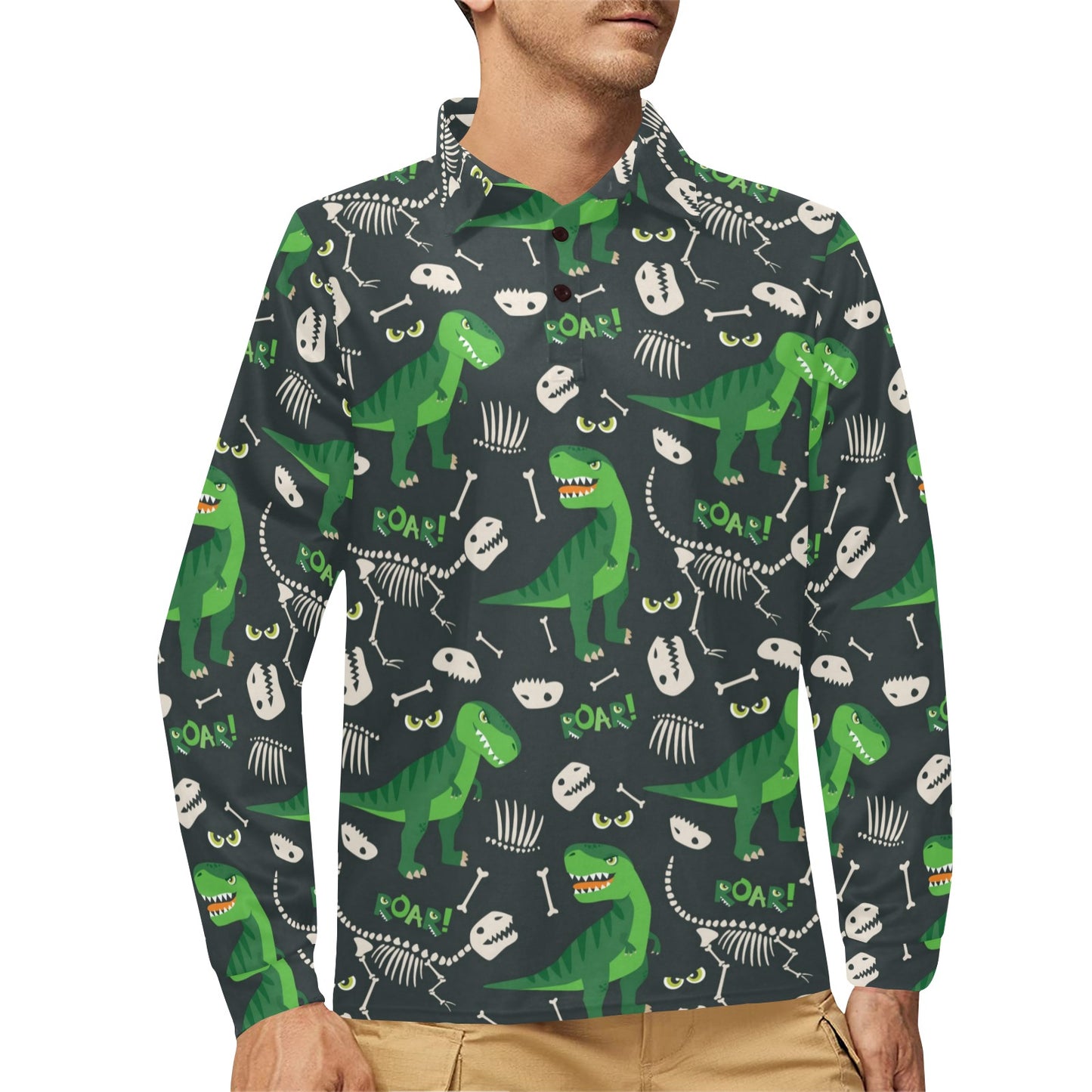 T Rex Pattern Print Design A05 Long Sleeve Polo Shirt For Men's