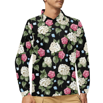Hydrangea Pattern Print Design HD09 Long Sleeve Polo Shirt For Men's