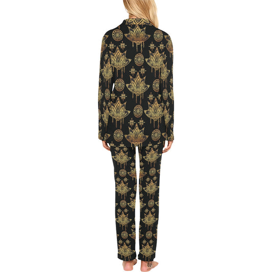 lotus Boho Pattern Print Design LO03 Women's Long Pajama Set