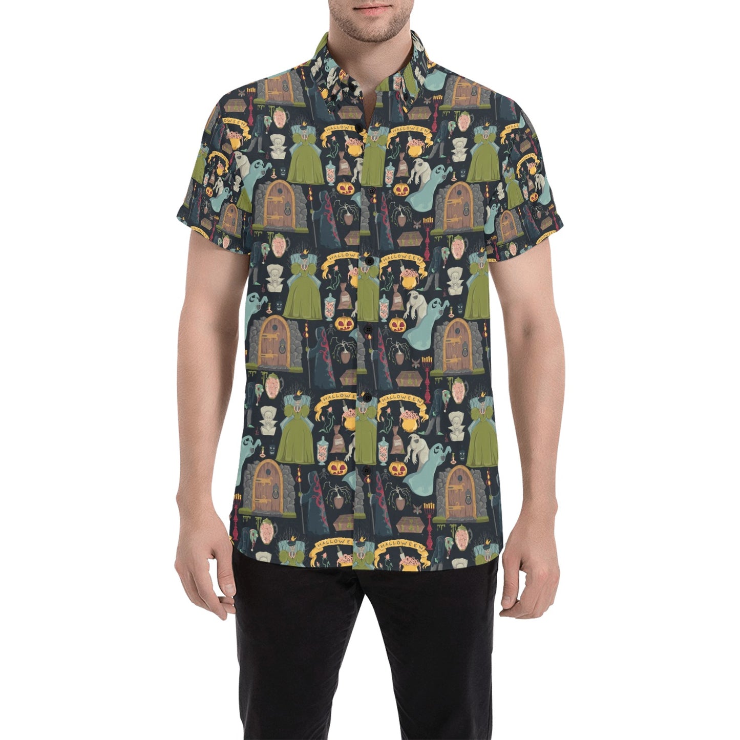 Creepy Halloween Print Design LKS304 Men Short Sleeve Button Up Shirt