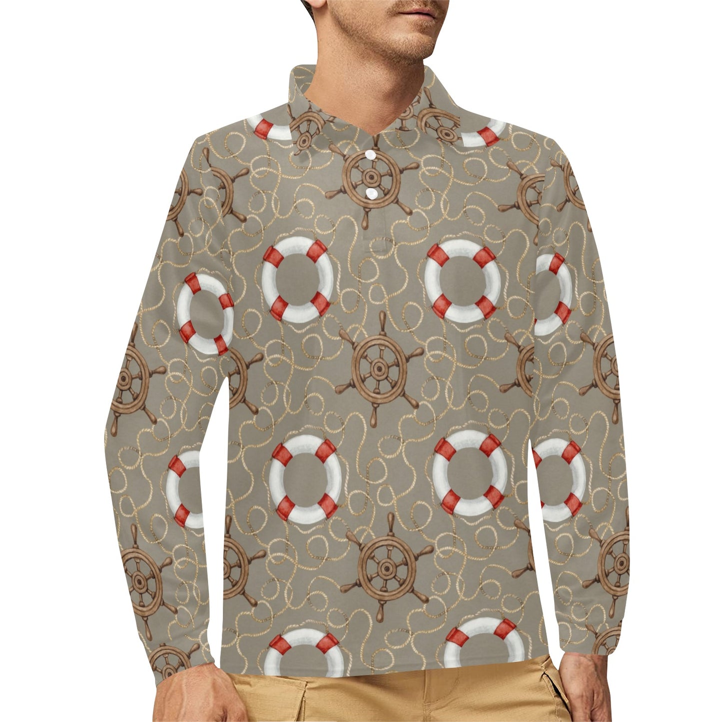 Nautical Pattern Print Design A02 Long Sleeve Polo Shirt For Men's