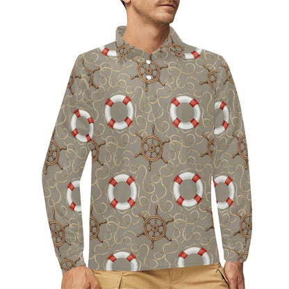 Nautical Pattern Print Design A02 Long Sleeve Polo Shirt For Men's