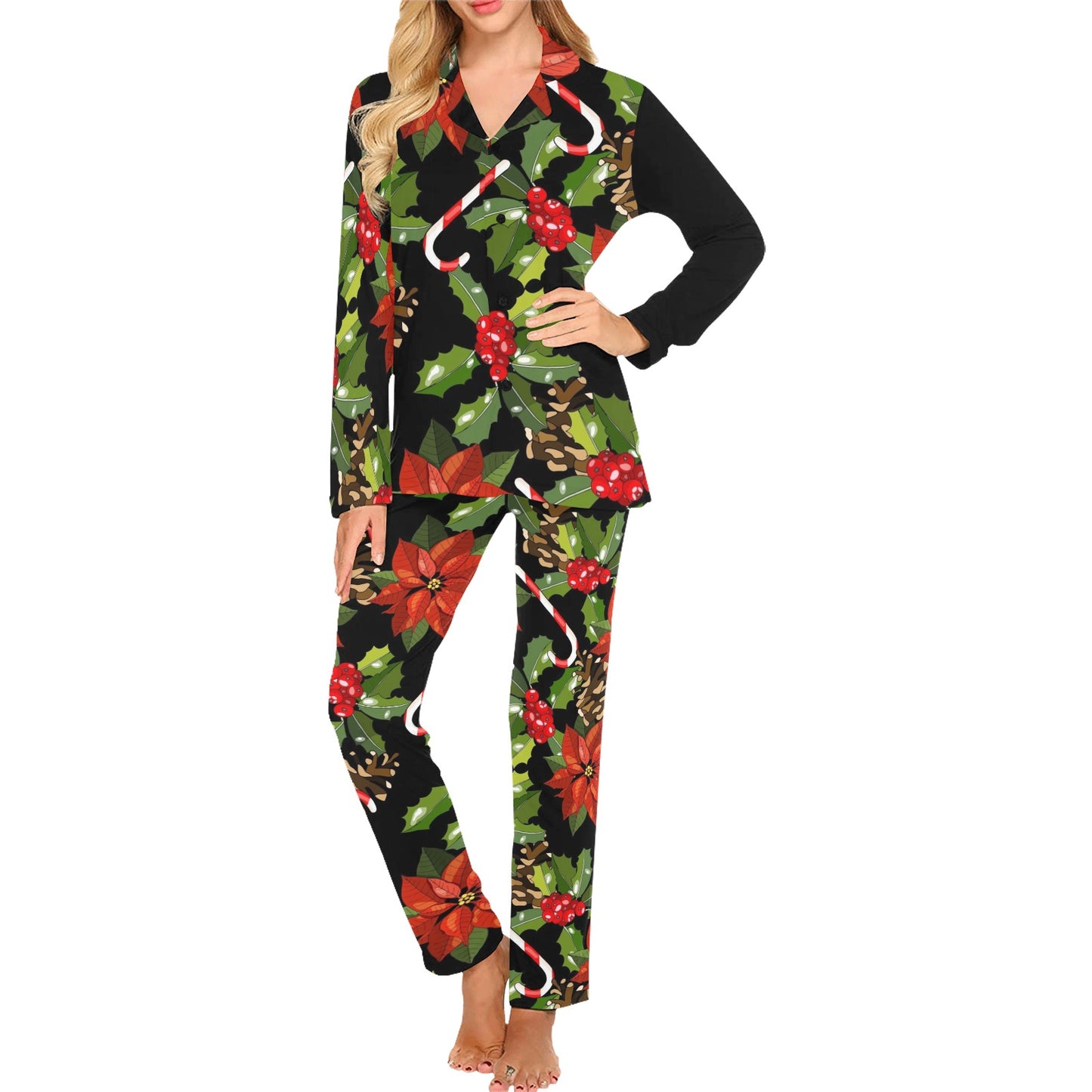 Poinsettia Pattern Print Design POT01 Women's Long Pajama Set