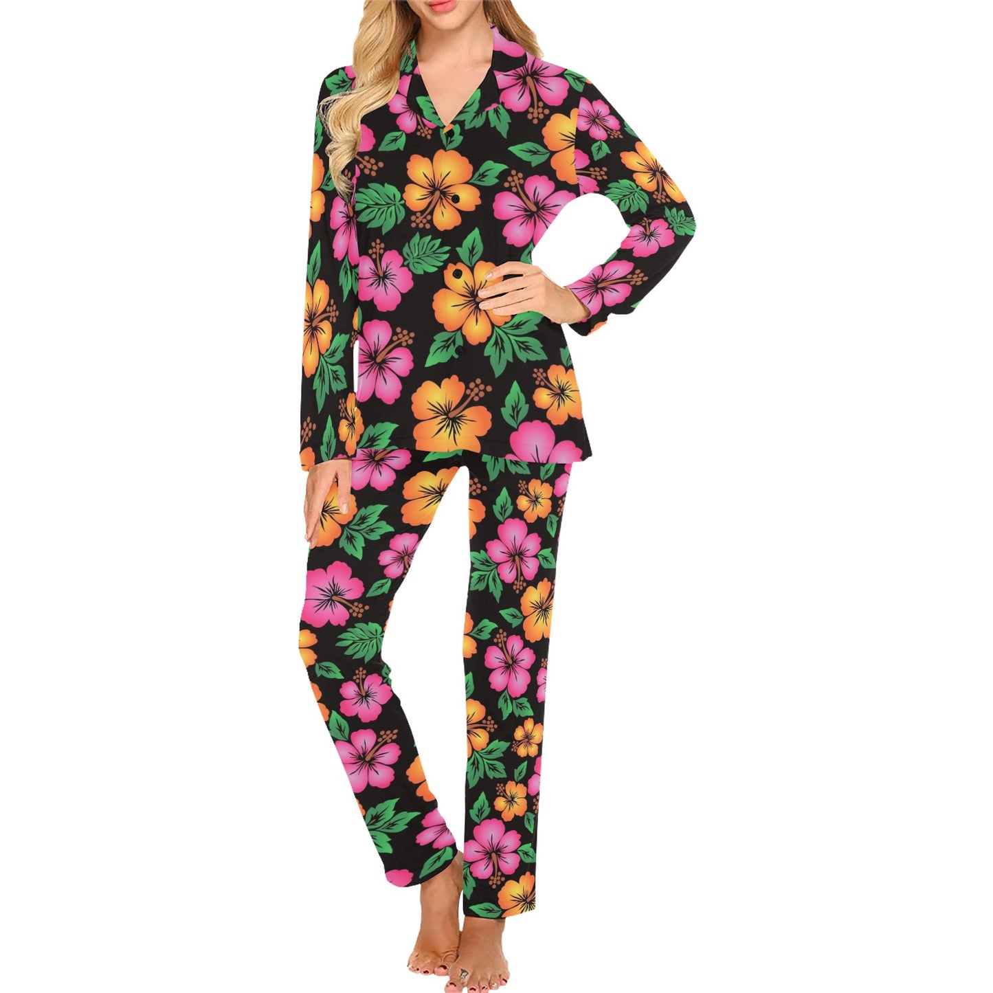 Hibiscus Pattern Print Design HB029 Women's Long Pajama Set