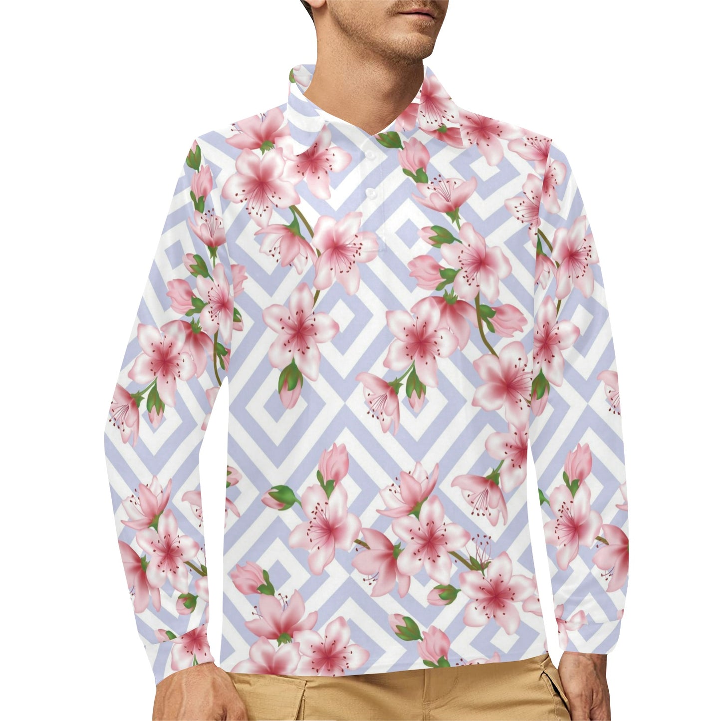 Cherry Blossom Pattern Print Design CB07 Long Sleeve Polo Shirt For Men's