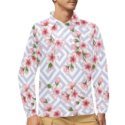 Cherry Blossom Pattern Print Design CB07 Long Sleeve Polo Shirt For Men's