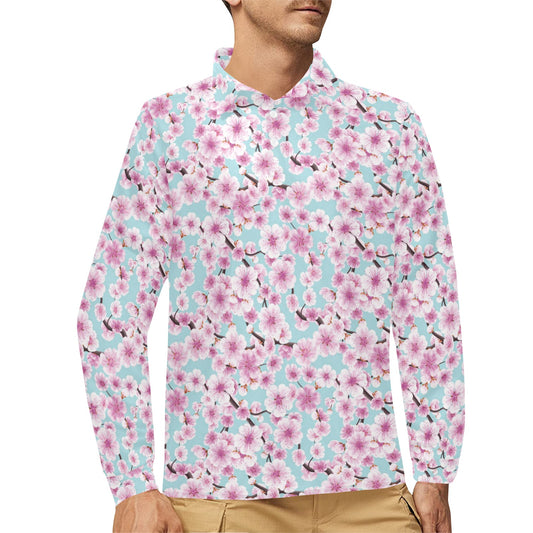 Cherry Blossom Pattern Print Design 01 Long Sleeve Polo Shirt For Men's