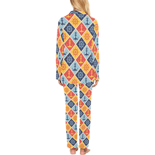 Nautical Pattern Design Themed Print Women's Long Pajama Set