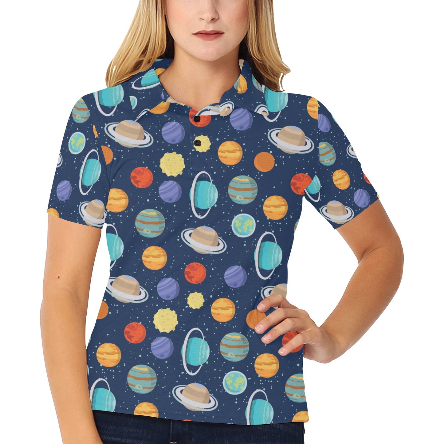 Planet With Star Print Design LKS303 Women's Polo Shirt