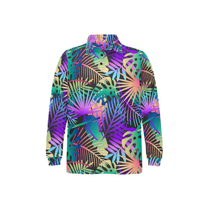 Neon Flower Tropical Palm Leaves Long Sleeve Polo Shirt For Men's
