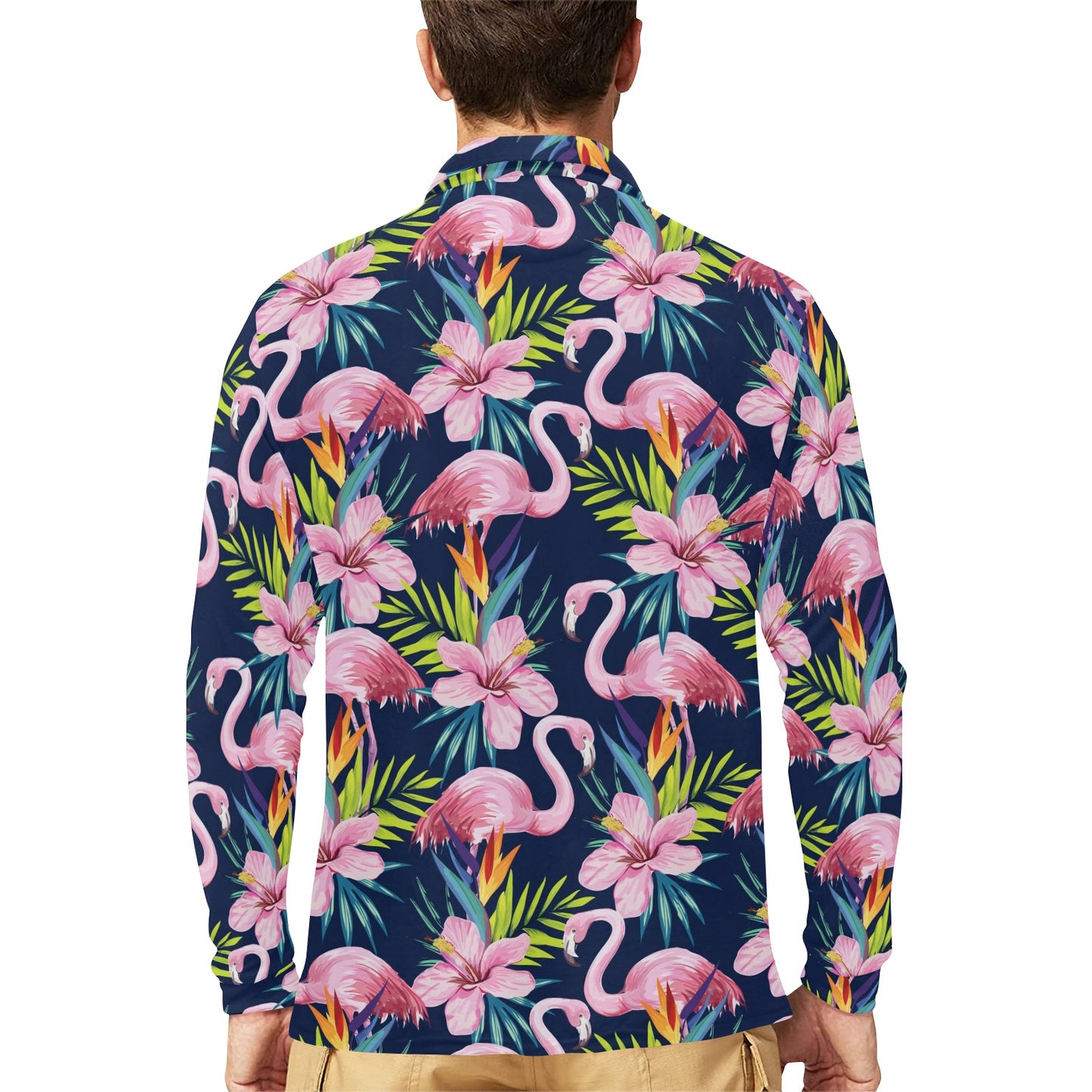 Flamingo Hibiscus Print Long Sleeve Polo Shirt For Men's