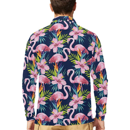Flamingo Hibiscus Print Long Sleeve Polo Shirt For Men's