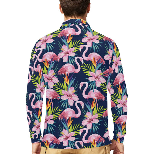 Flamingo Hibiscus Print Long Sleeve Polo Shirt For Men's