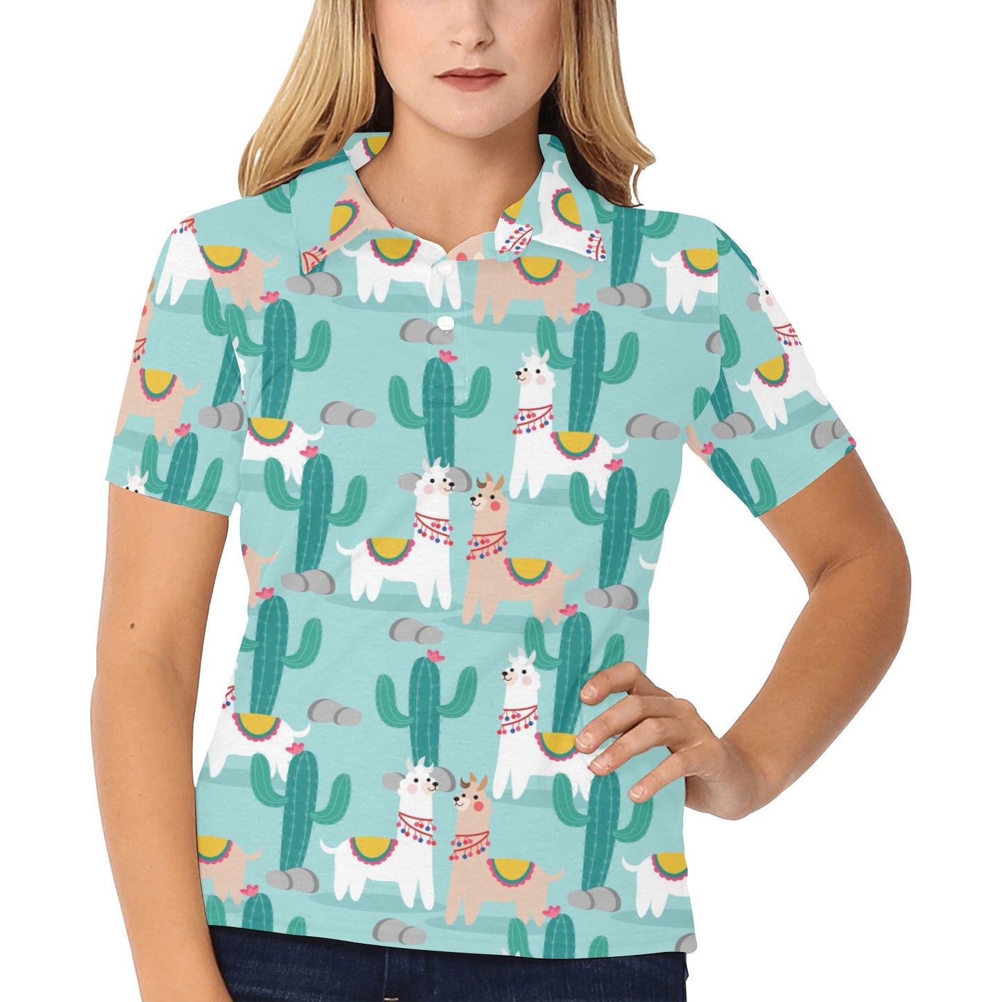 Llama Cactus Pattern Print Design 08 Women's Polo Shirt