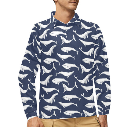 Whale Print Design LKS308 Long Sleeve Polo Shirt For Men's