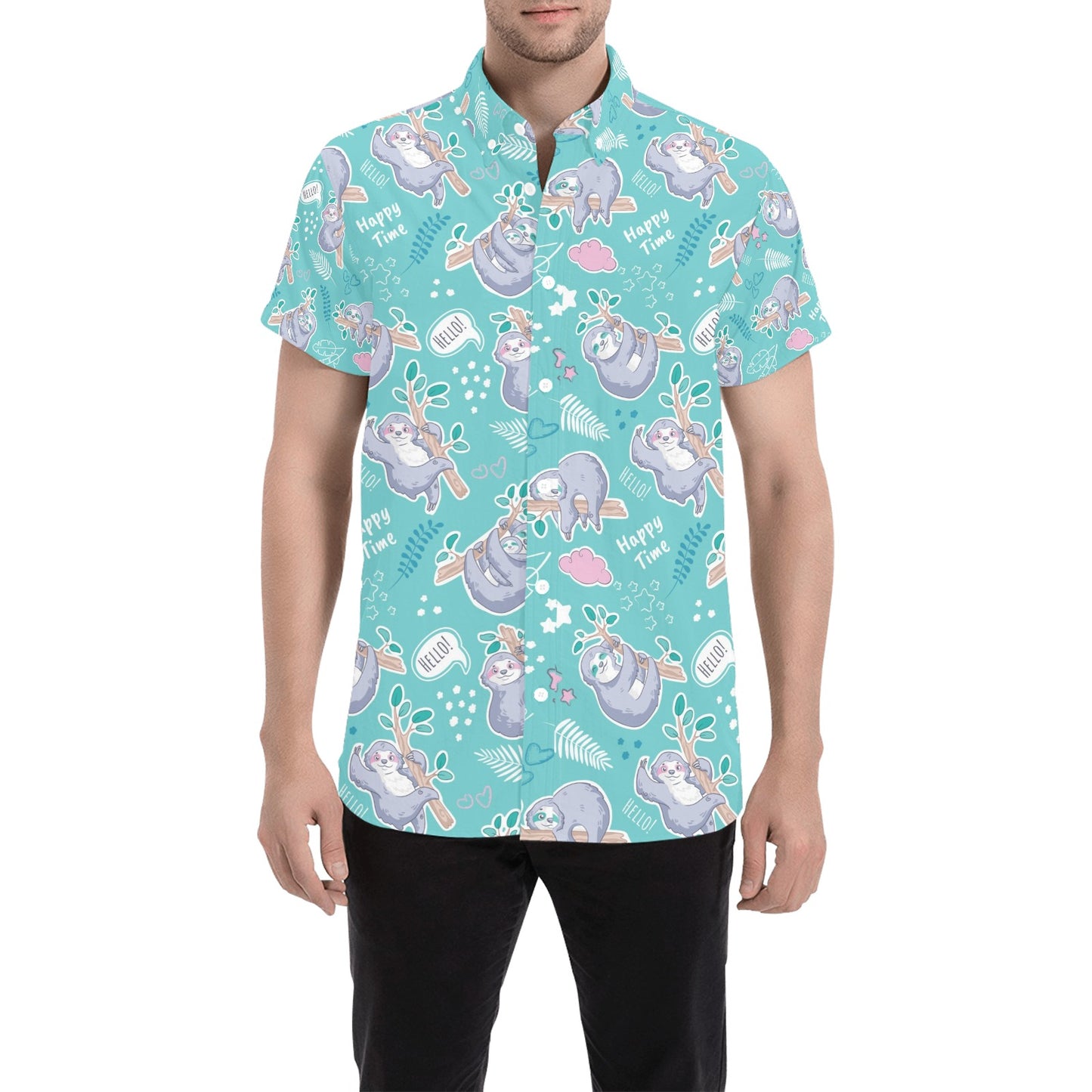 Sloth Print Design LKS309 Men Short Sleeve Button Up Shirt