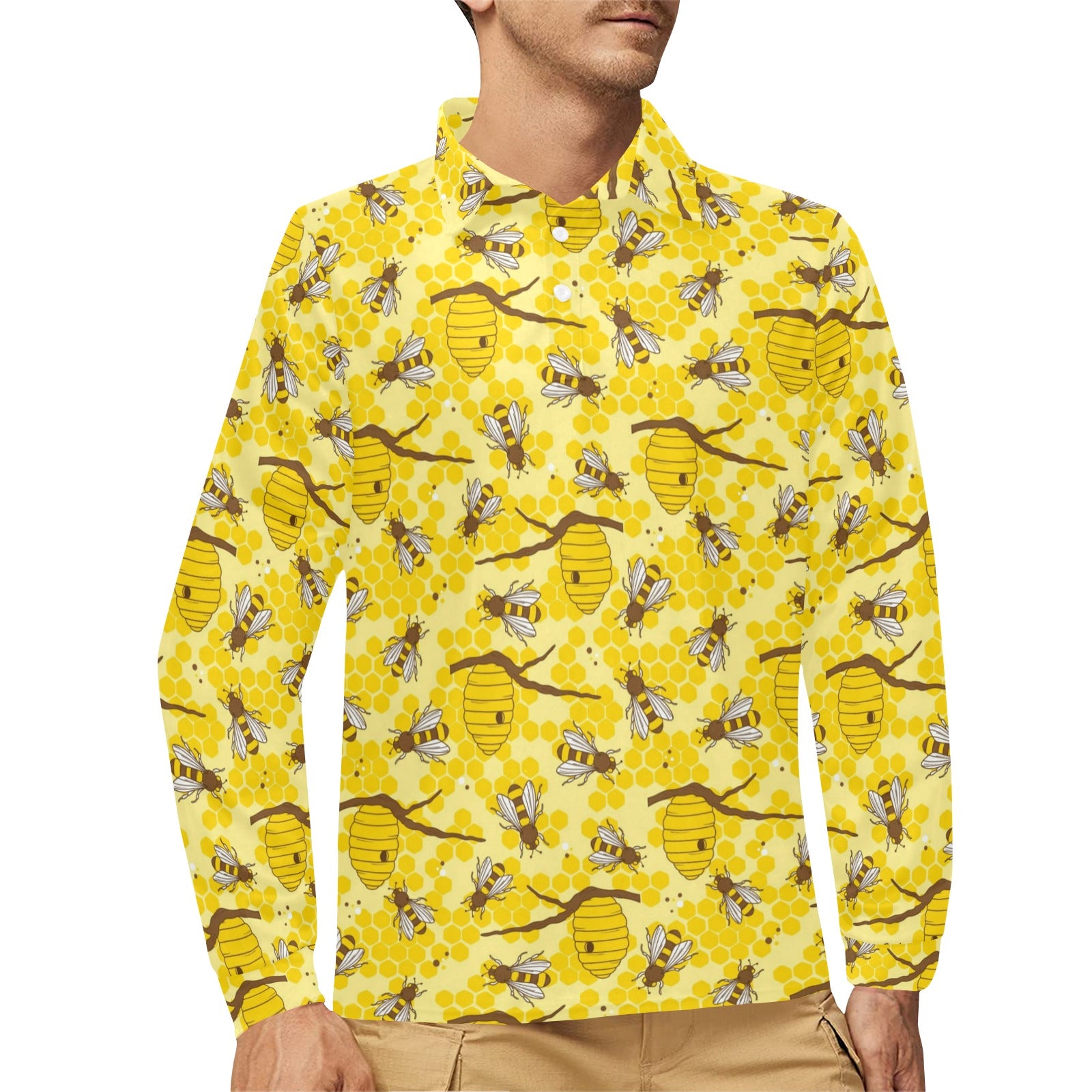 Bee With Honeycomb Print Design LKS302 Long Sleeve Polo Shirt For Men's