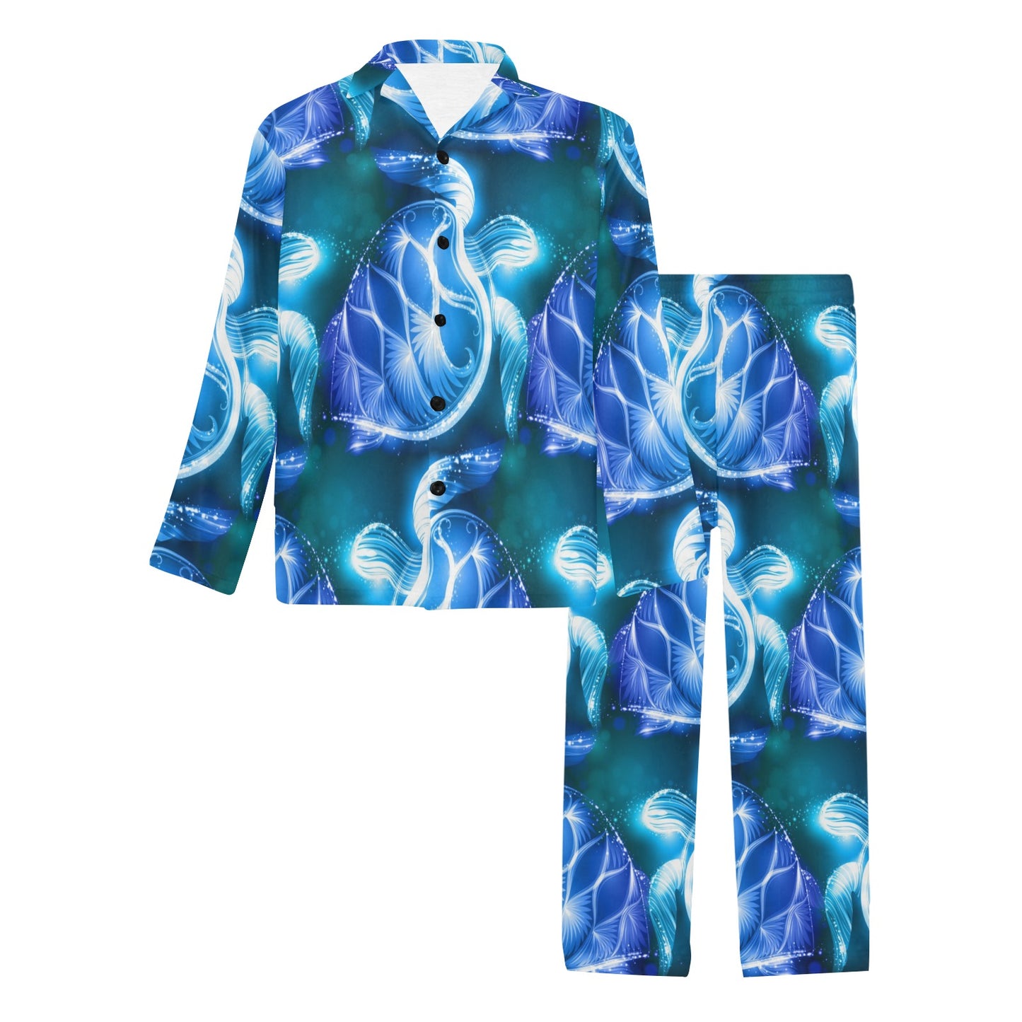 Blue Neon Sea Turtle Print Men's Long Pajama Set
