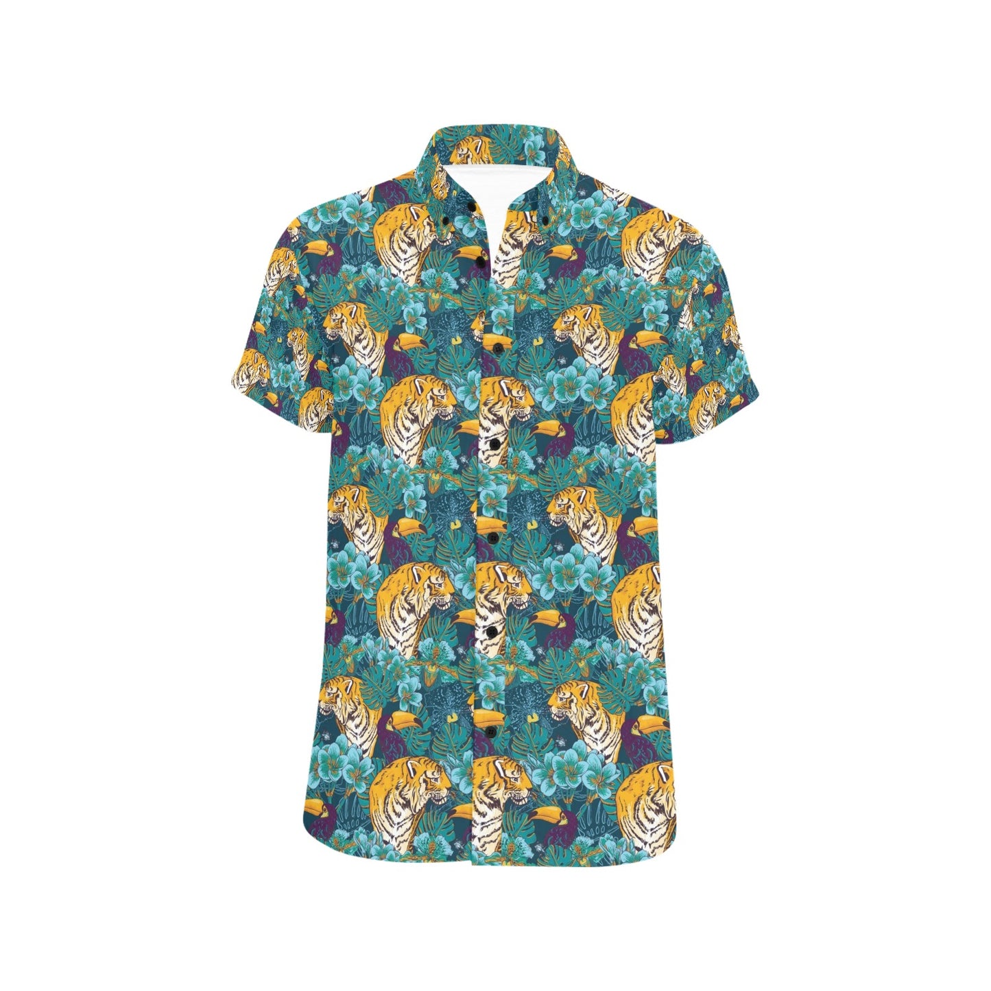 Tiger Tropical Print Design LKS301 Men Short Sleeve Button Up Shirt