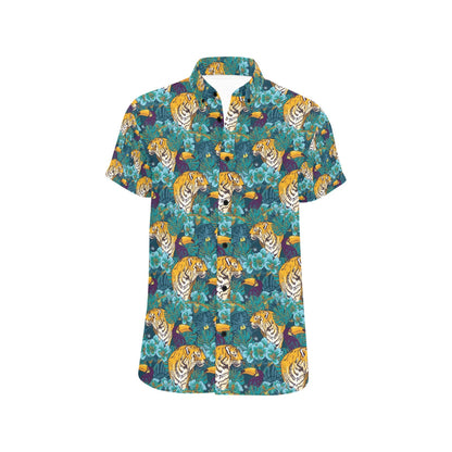 Tiger Tropical Print Design LKS301 Men Short Sleeve Button Up Shirt