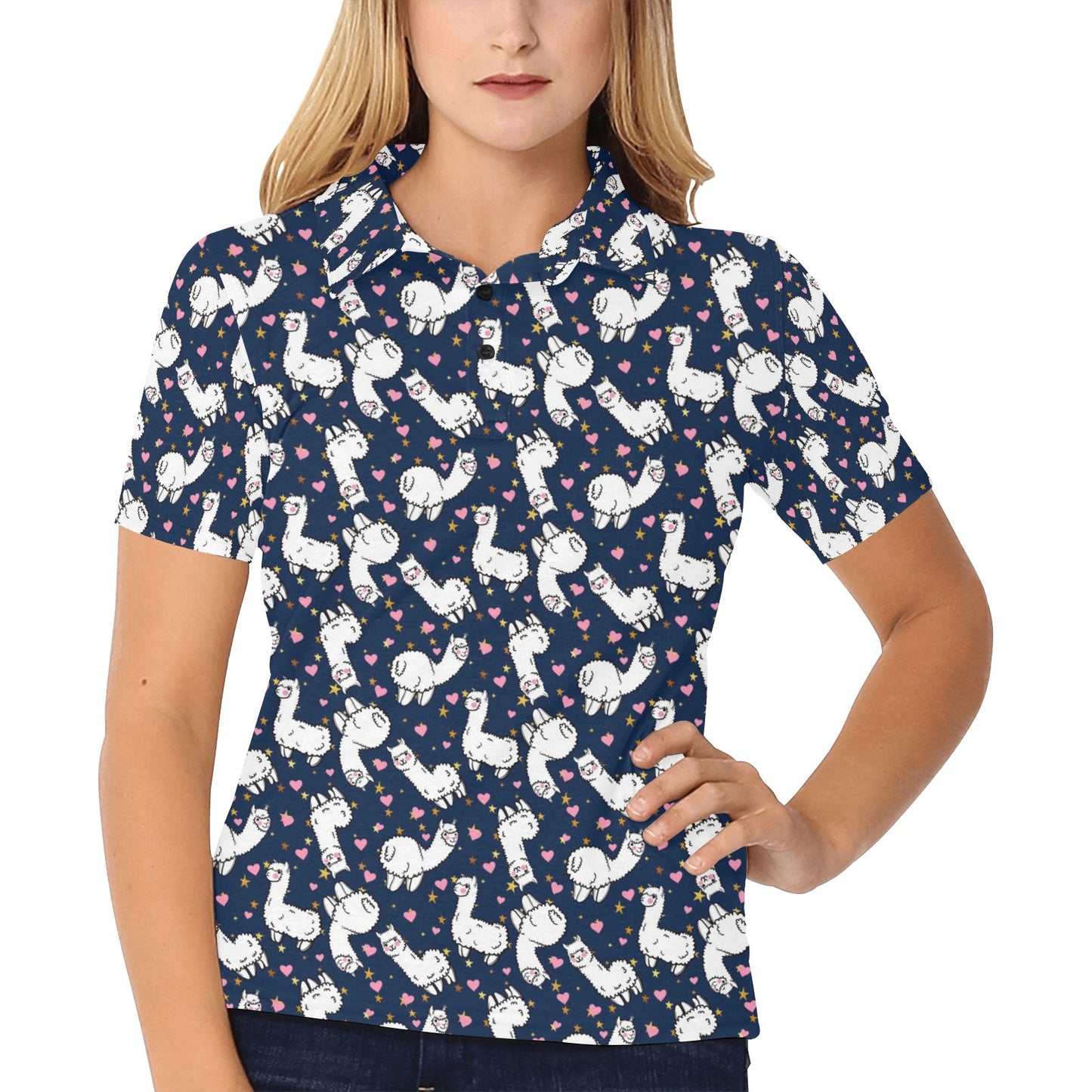 Alpaca Heart Star Design Themed Print Women's Polo Shirt