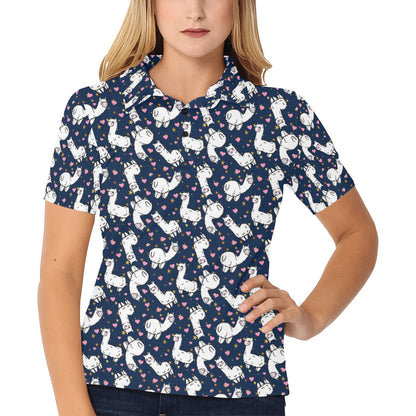 Alpaca Heart Star Design Themed Print Women's Polo Shirt