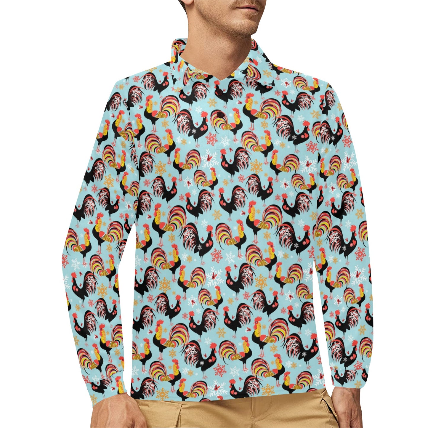 Rooster Themed Design Long Sleeve Polo Shirt For Men's