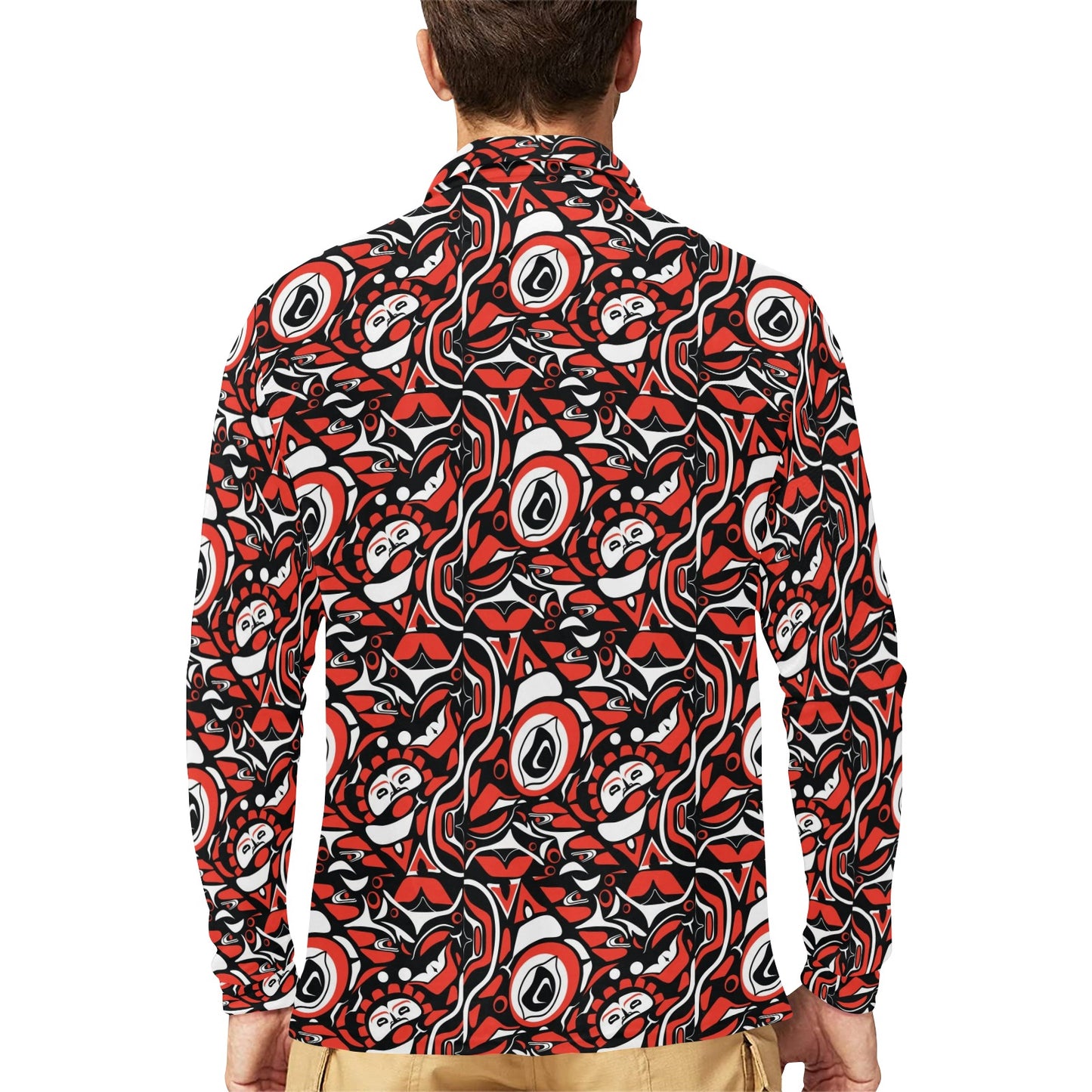 Native North American Themed Print Long Sleeve Polo Shirt For Men's