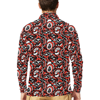 Native North American Themed Print Long Sleeve Polo Shirt For Men's