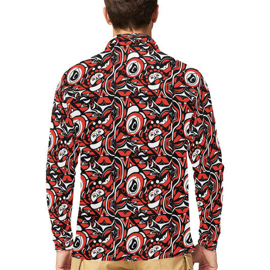 Native North American Themed Print Long Sleeve Polo Shirt For Men's