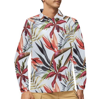 Tropical Flower Pattern Print Design TF021 Long Sleeve Polo Shirt For Men's