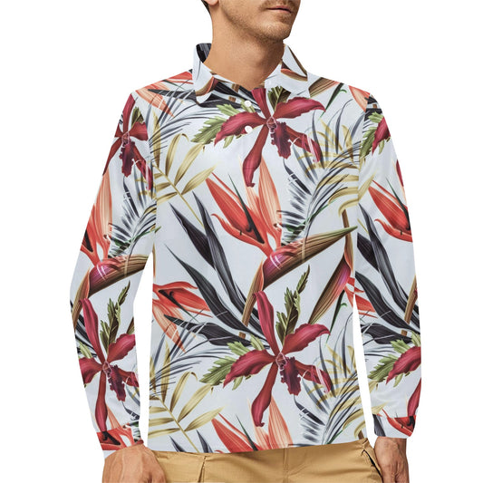 Tropical Flower Pattern Print Design TF021 Long Sleeve Polo Shirt For Men's
