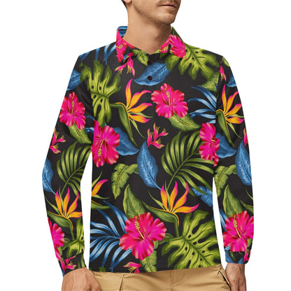 Bird Of Paradise Pattern Print Design BOP014 Long Sleeve Polo Shirt For Men's
