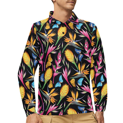 Tropical Flower Pattern Print Design TF016 Long Sleeve Polo Shirt For Men's