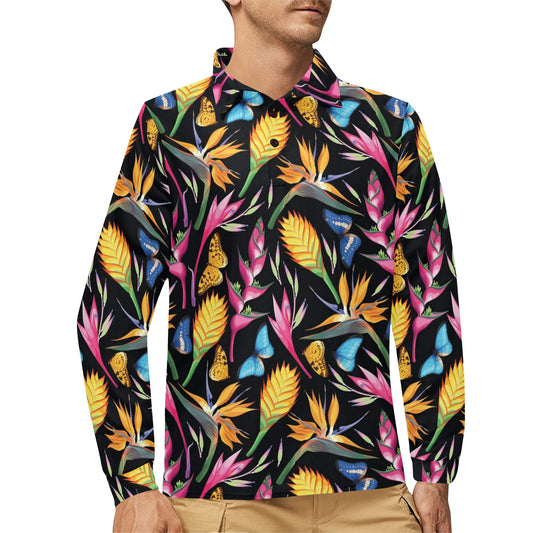 Tropical Flower Pattern Print Design TF016 Long Sleeve Polo Shirt For Men's