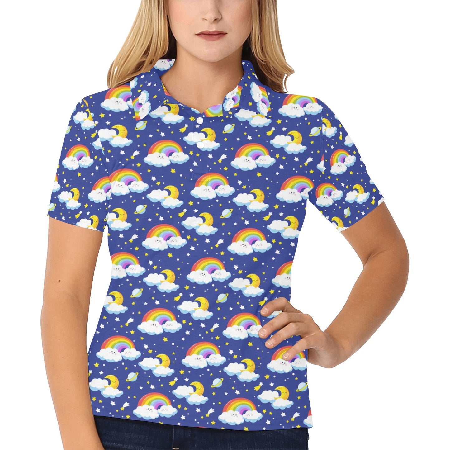 Rainbow Space Design Print Women's Polo Shirt