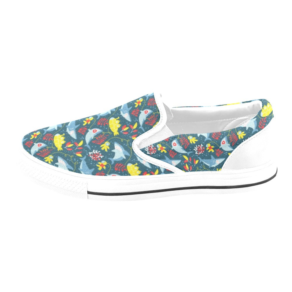 Scuba With Sharks Print Design LKS303 White Slip Ons Canvas Women's Shoes