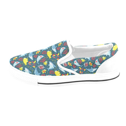 Scuba With Sharks Print Design LKS303 White Slip Ons Canvas Women's Shoes