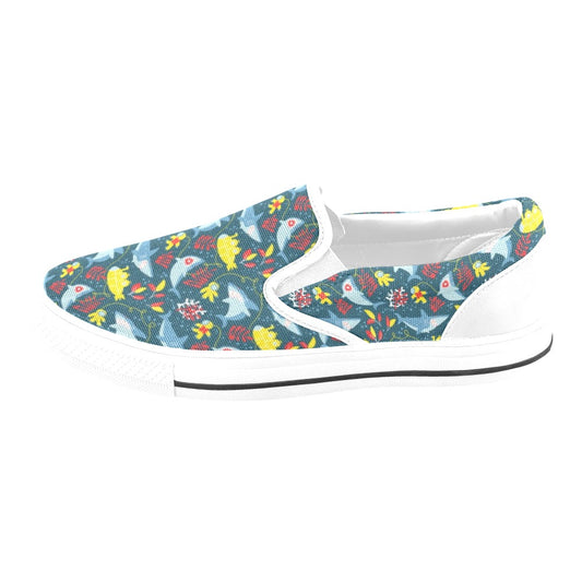 Scuba With Sharks Print Design LKS303 White Slip Ons Canvas Women's Shoes