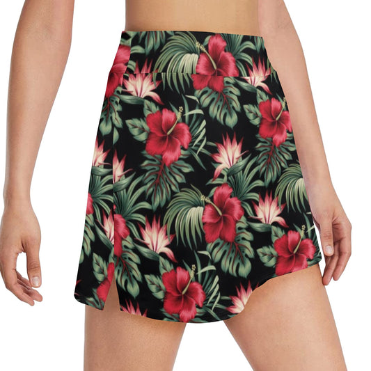 Flower Hawaiian Red Hibiscus Design Print 17" Golf & Pickleball Skort with Pockets