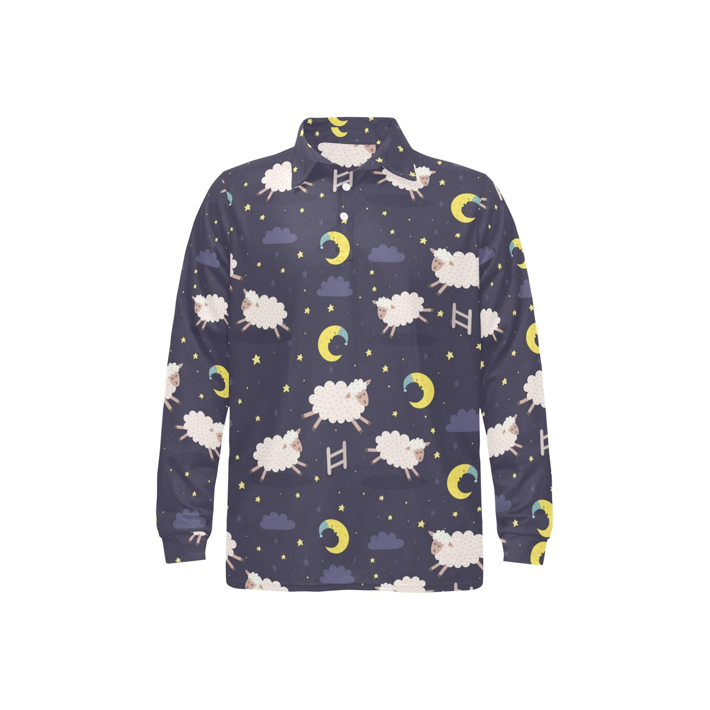 Sheep Night Pattern Print Design 02 Long Sleeve Polo Shirt For Men's