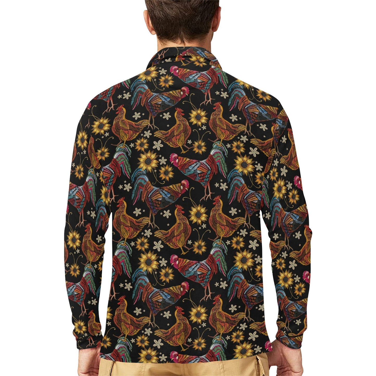 Chicken Embroidery Style Long Sleeve Polo Shirt For Men's